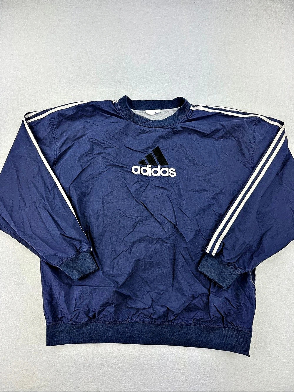 Vintage 90s Adidas Nylon Pullover Windbreaker Crewneck Navy Blue Mens Size XL